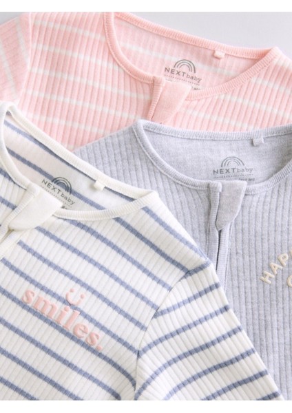 Pamuklu Pembe Gri Çizgili Ayaksız 3'lü Tulum Set fırsatları
