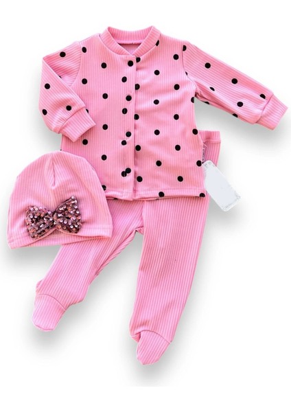 Miraylife 3-6-9-12 Ay Puantiyeli Şapkalı Çıtçıt Kapamalı Patikli 3lü Kız Bebek Takımı