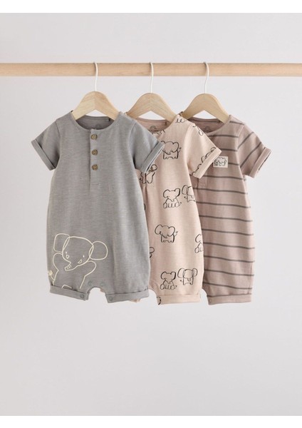 Pamuklu Neutral Elephant Desenli 3'lü Romper Set