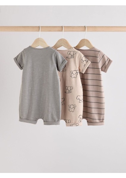 Pamuklu Neutral Elephant Desenli 3'lü Romper Set