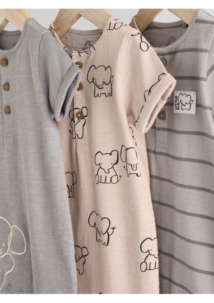Pamuklu Neutral Elephant Desenli 3'lü Romper Set