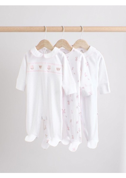 Pamuklu Krem Pembe Tavşan Desenli Nakışlı 3'lü Tulum Set