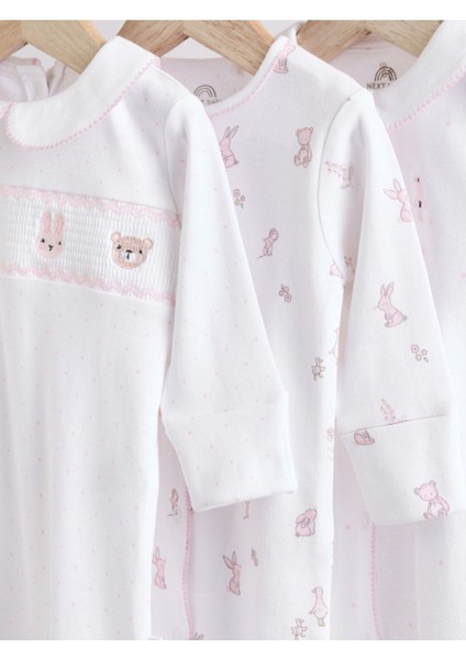Pamuklu Krem Pembe Tavşan Desenli Nakışlı 3'lü Tulum Set modelleri