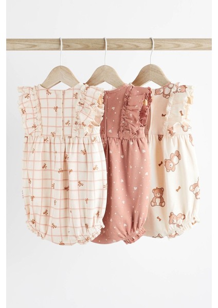 Pamuklu Krem Pembe Ayıcık Desenli Romper 3’lü Set