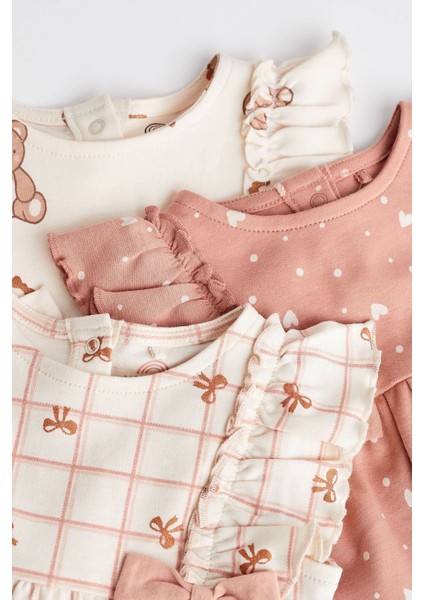 Pamuklu Krem Pembe Ayıcık Desenli Romper 3’lü Set