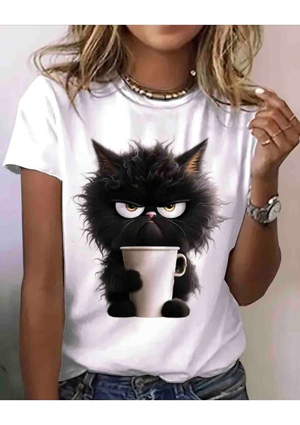Angry Cat Baskılı Özel Tasarım Oversize Tshirt