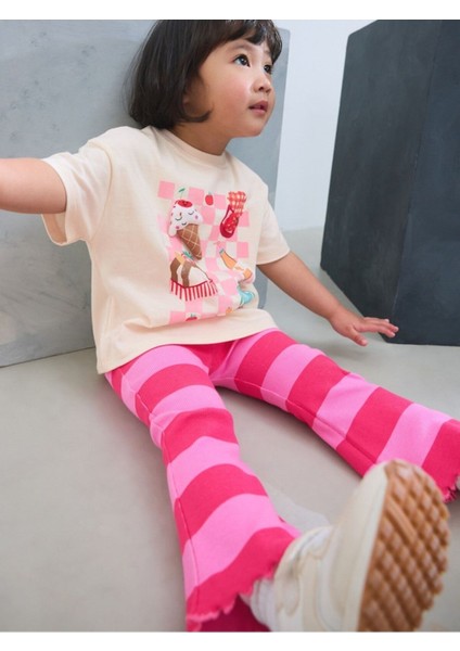 Pamuklu Pembe Piknik Karakterli 3 Boyutlu Kısa Kollu Taytlı Alt Üst Takım
