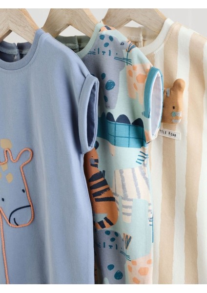 Pamuklu Mavi Krem Animal Desenli 3'lü Romper Set