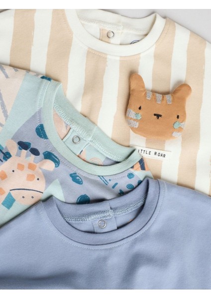 Pamuklu Mavi Krem Animal Desenli 3'lü Romper Set
