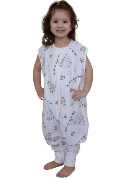 Naturtouch Pamuklu Müslin Kuzu Desenli Kısa Kollu Fermuarlı Uyku Tulumu