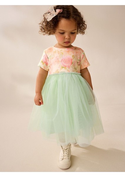 Pamuklu Sage Green Floral Kısa Kollu Tütülü Elbise