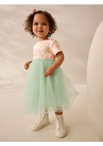 Pamuklu Sage Green Floral Kısa Kollu Tütülü Elbise