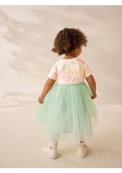 Pamuklu Sage Green Floral Kısa Kollu Tütülü Elbise fiyatları