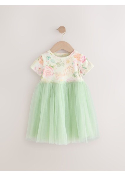 Pamuklu Sage Green Floral Kısa Kollu Tütülü Elbise fırsatları