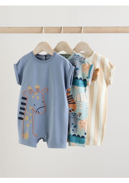Pamuklu Mavi Krem Animal Desenli 3'lü Romper Set