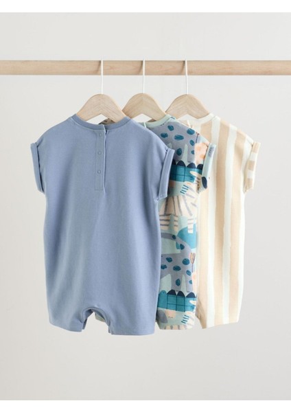 Pamuklu Mavi Krem Animal Desenli 3'lü Romper Set indirimleri