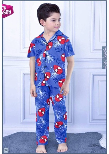 Pjkö Örümcek Adam Desenli Mavi Kısa Kollu Önden Düğmeli Erkek Çocuk Pijama Takımı 4-12 Yaş 709K