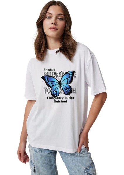 Felix Dies Beyaz Oversize Kalıp Kelebek Baskılı Unisex T-Shirt