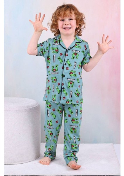 Pjkö Minec Desenli Mavi Kısa Kollu Önden Düğmeli Erkek Çocuk Pijama Takımı 4-12 Yaş 604K