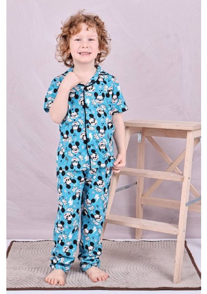 Pjkö Mickey Desenli Mavi Kısa Kollu Önden Düğmeli Erkek Çocuk Pijama Takımı 4-12 Yaş 544K