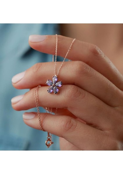 925 Ayar Gümüş Nergis Çiçeği Mor Kolye