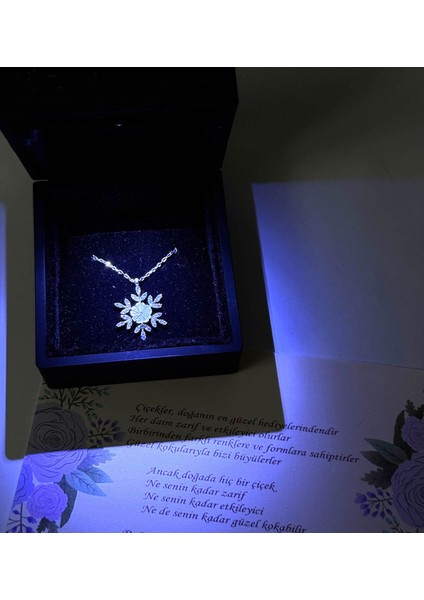 Özel Işıklı Kutusunda Kar Tanesi Manolya Çiçeği Sedefli 925 Ayar Gümüş Kadın Kolye
