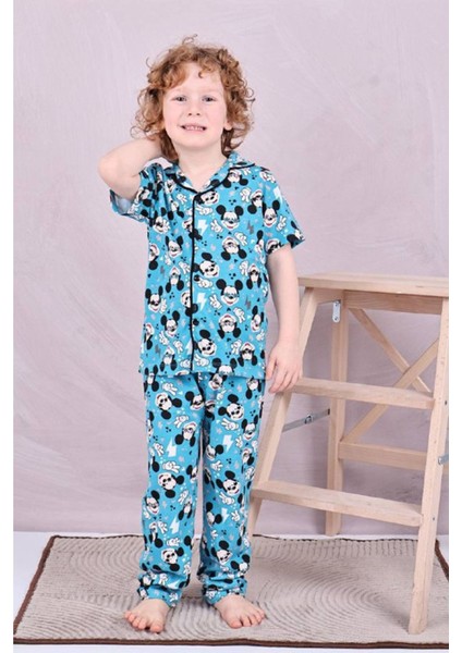 Pjkö Mickey Desenli Mavi Kısa Kollu Önden Düğmeli Erkek Çocuk Pijama Takımı 4-12 Yaş 544K