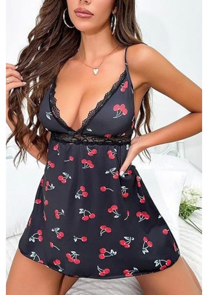Ynt Siyah Kiraz Desenli Mini Gecelik 15765