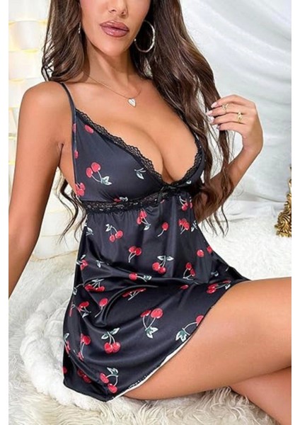Ynt Siyah Kiraz Desenli Mini Gecelik 15765