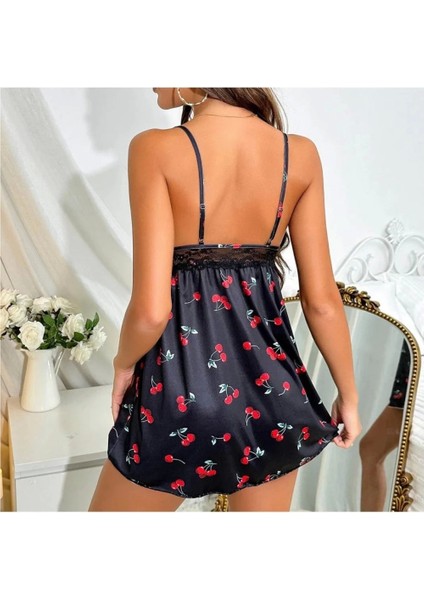 Ynt Siyah Kiraz Desenli Mini Gecelik 15765