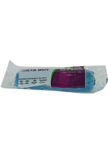 Çöp Torbası Orta Boy 55x60cm 70gr 11 Mikron 30lt Mavi Rulo 20 Adet