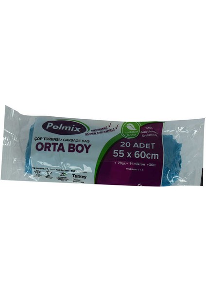 Çöp Torbası Orta Boy 55x60cm 70gr 11 Mikron 30lt Mavi Rulo 20 Adet