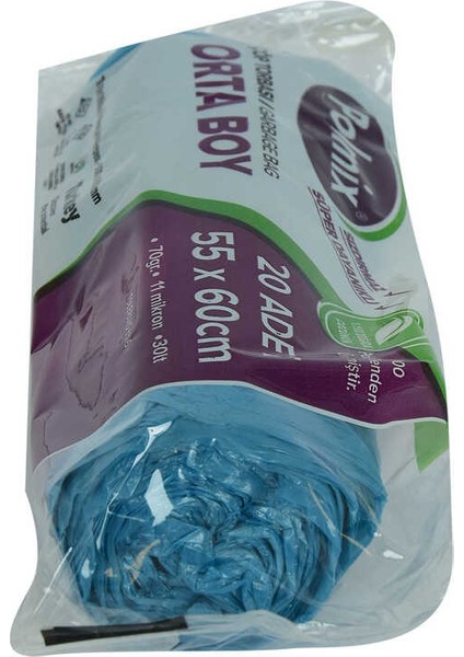 Çöp Torbası Orta Boy 55x60cm 70gr 11 Mikron 30lt Mavi Rulo 20 Adet