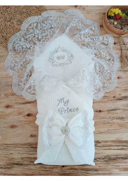 Miraylife Yenidoğan Pamuk Taç Benim Prensim Nakışlı Trilüks Kundak Bebek Battaniyesi