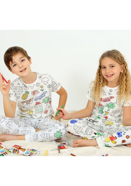 Kısa Kollu + Özel Kalem Boyanabilir Kız Erkek Çocuk Pijama Takım