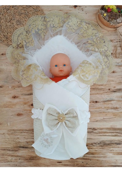 Miraylife Yenidoğan Titi Taç Nakışlı Plazma Taşlı Güpürlü Çift Fiyonk Duvaklı Trilüks Kundak Bebek Battaniyesi fiyatları