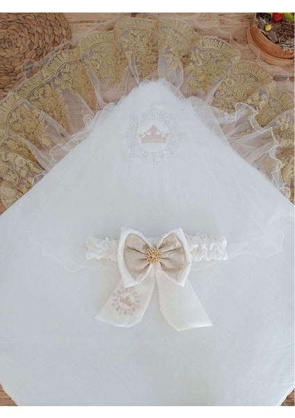 Miraylife Yenidoğan Titi Taç Nakışlı Plazma Taşlı Güpürlü Çift Fiyonk Duvaklı Trilüks Kundak Bebek Battaniyesi modelleri