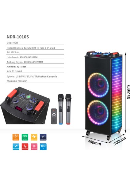 100W Şarjlı Rgb Taşınabilir Bluetooth Parti Hoparlörü – Mikrofonlu, 2X10’’ Bataryalı Büyük Hoparlör