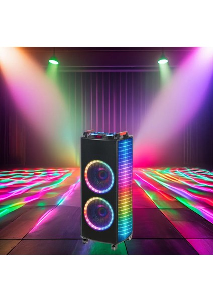 100W Şarjlı Rgb Taşınabilir Bluetooth Parti Hoparlörü – Mikrofonlu, 2X10’’ Bataryalı Büyük Hoparlör