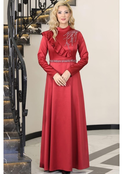 Ada Saten Taşlı Tesettür Abiye Bordo