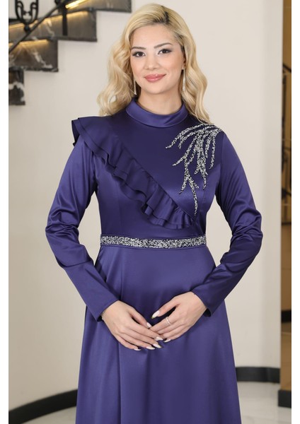 Ada Saten Taşlı Tesettür Abiye Lacivert fiyatları