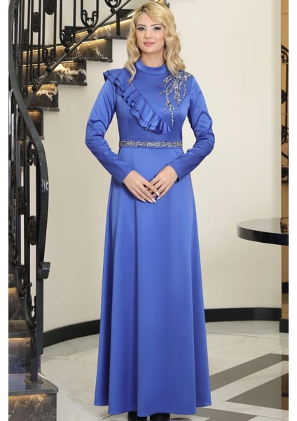 Ada Saten Taşlı Tesettür Abiye Indigo