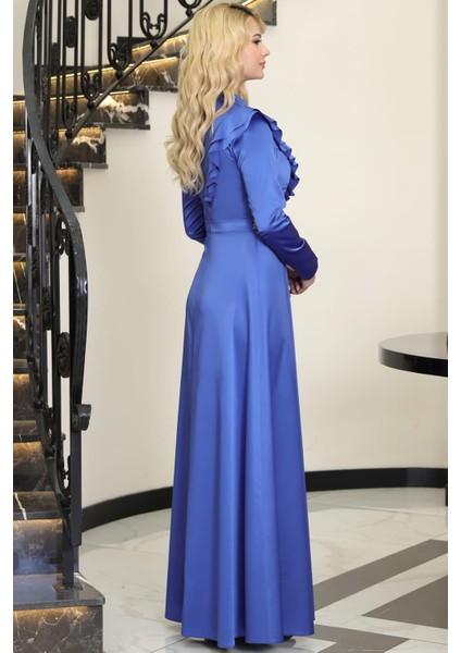 Ada Saten Taşlı Tesettür Abiye Indigo modelleri