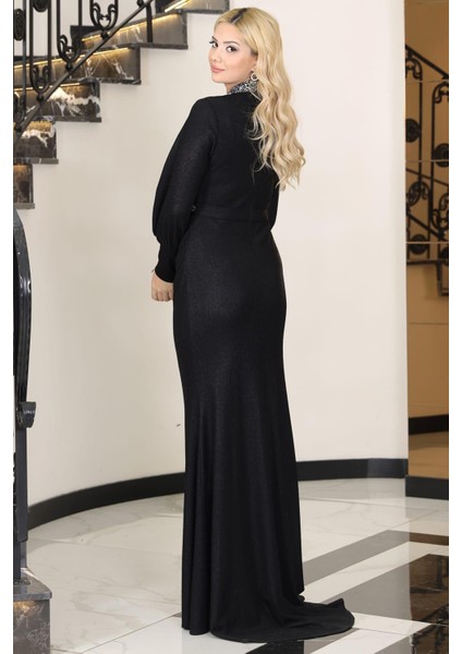 Hürrem Kuyruklu Taşlı Tesettür Abiye Siyah modelleri