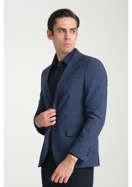 Loreo Erkek Lacivert Poliviskon Kumaş Yarım Astarlı Mono Yaka Slim Fit Blazer Ceket