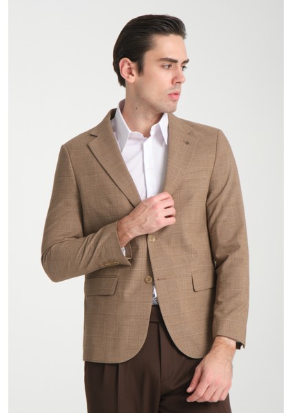 Loreo Erkek Camel Poliviskon Kumaş Yarım Astarlı Mono Yaka Slim Fit Blazer Ceket