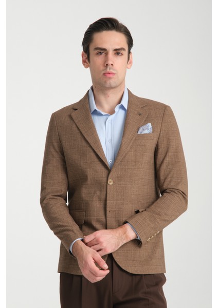 Loreo Erkek Hardal Poliviskon Kumaş Yarım Astarlı Mono Yaka Slim Fit Blazer Ceket