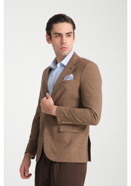 Loreo Erkek Hardal Poliviskon Kumaş Yarım Astarlı Mono Yaka Slim Fit Blazer Ceket