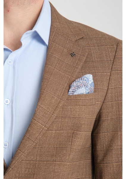 Loreo Erkek Hardal Poliviskon Kumaş Yarım Astarlı Mono Yaka Slim Fit Blazer Ceket