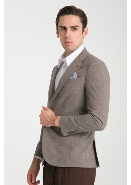 Loreo Erkek Vizon Poliviskon Kumaş Yarım Astarlı Mono Yaka Slim Fit Blazer Ceket